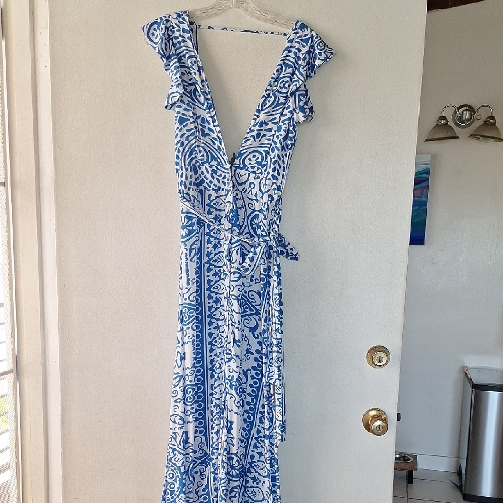 Maaji Blue and White Maxi Dress with Wrap V-Neck